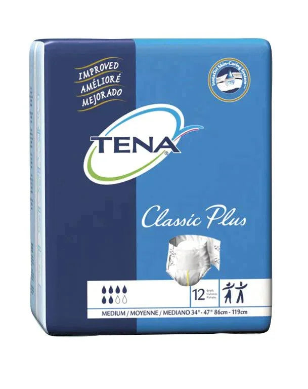 TENA Classic Plus adult medium incontinence briefs, 12 count, blue packaging.
