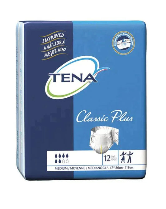 TENA Classic Plus adult medium incontinence briefs, 12 count, blue packaging.