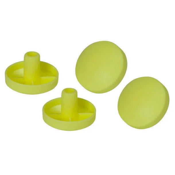 Yellow tennis ball-style walker glides with replaceable pads on white background.
