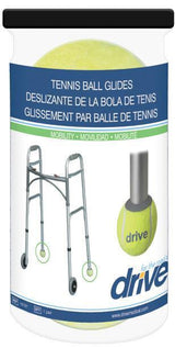 Tennis ball glides with replaceable pads for walker mobility aid, product packaging image.