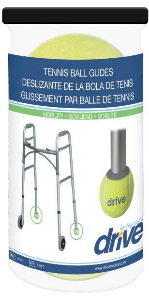 Tennis ball glides with replaceable pads for walker mobility aid, product packaging image.