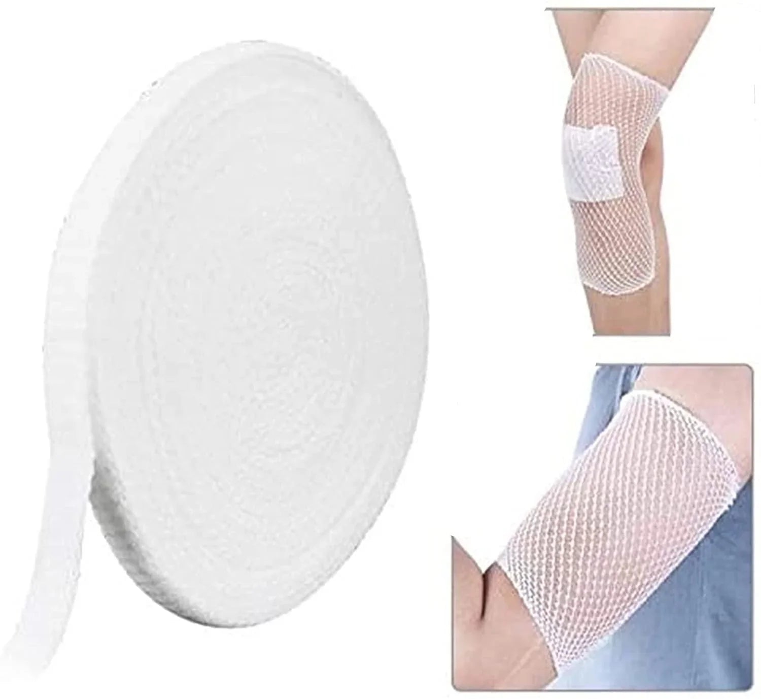 Tubular mesh bandage roll and examples of mesh bandage applied on knee and elbow